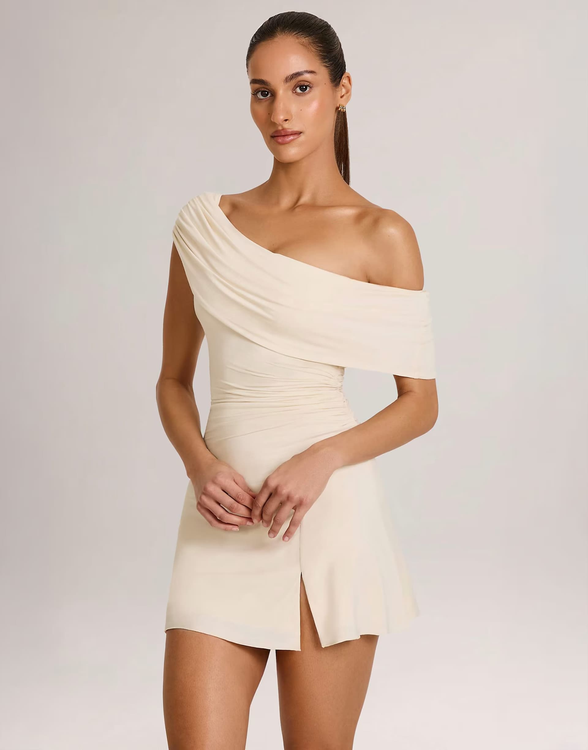 ASOS Oh Polly modal blend asymmetric off shoulder mini dress in cream