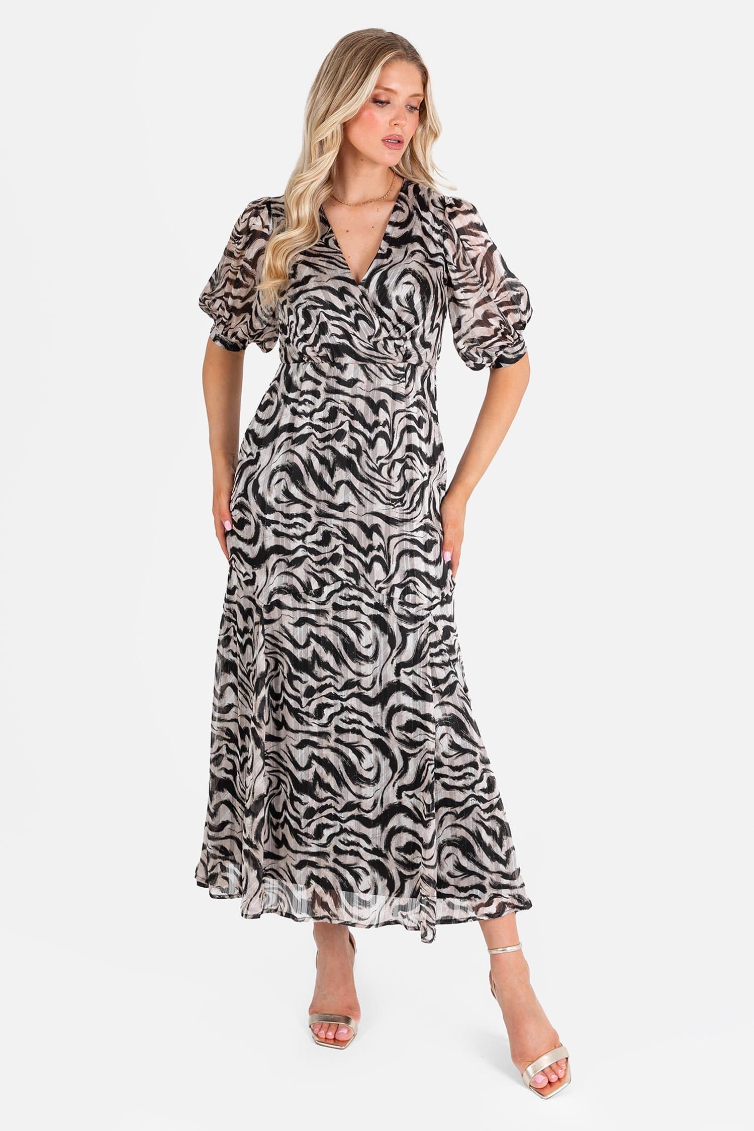 Lovedrobe Lovedrobe Women's Animal Print Faux Wrap Puff Sleeve Midaxi Dress