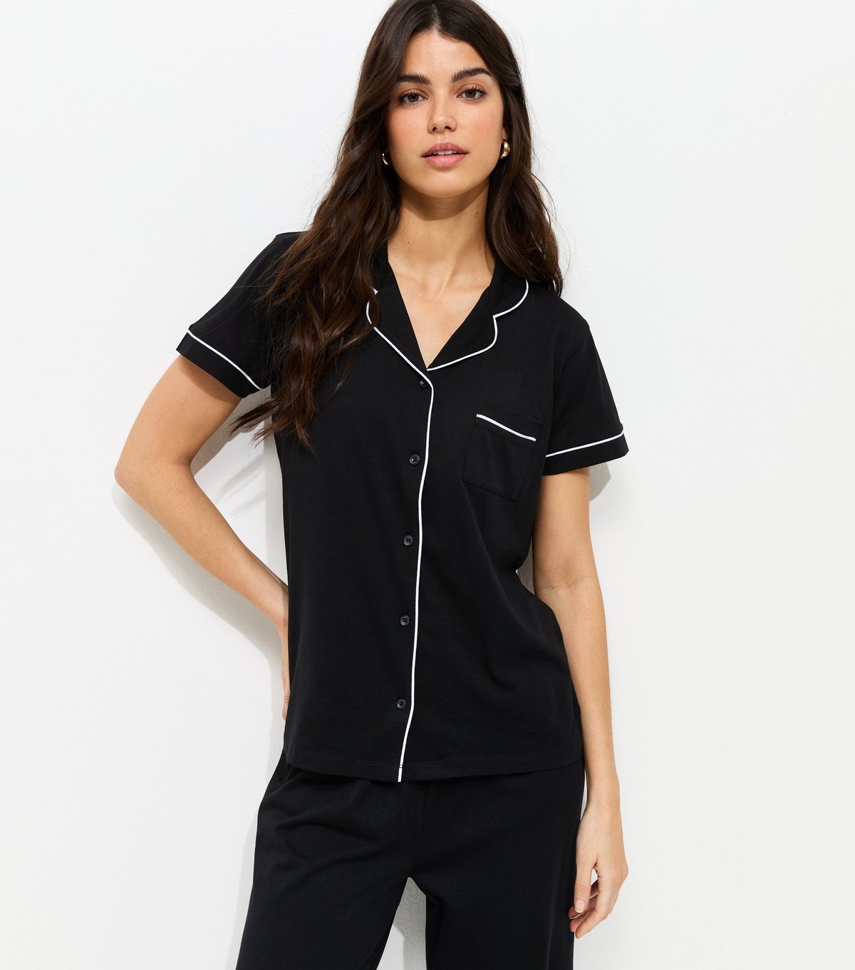 New Look Women's Black Contrast Piping Revere Shirt and Trousers Pyjama Set New Look - 3