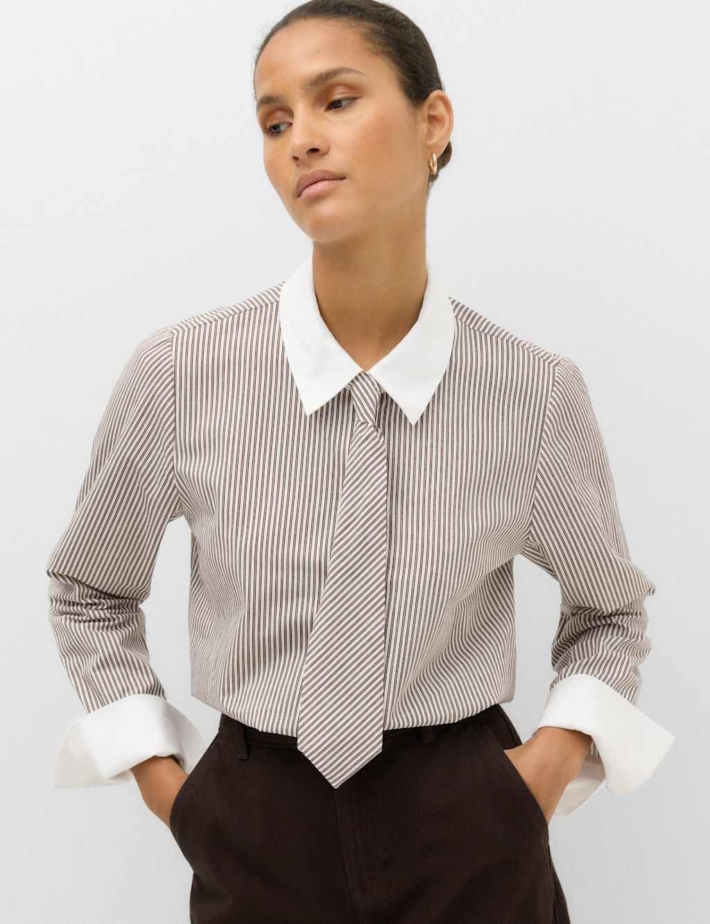 Marks & Spencer M&S Pure Cotton Striped Tie Detail Shirt Black Mix