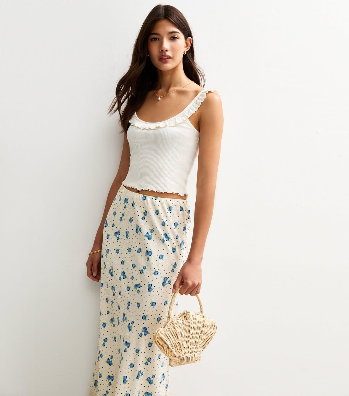New Look New Look White Blueberry Print Midi Skirt