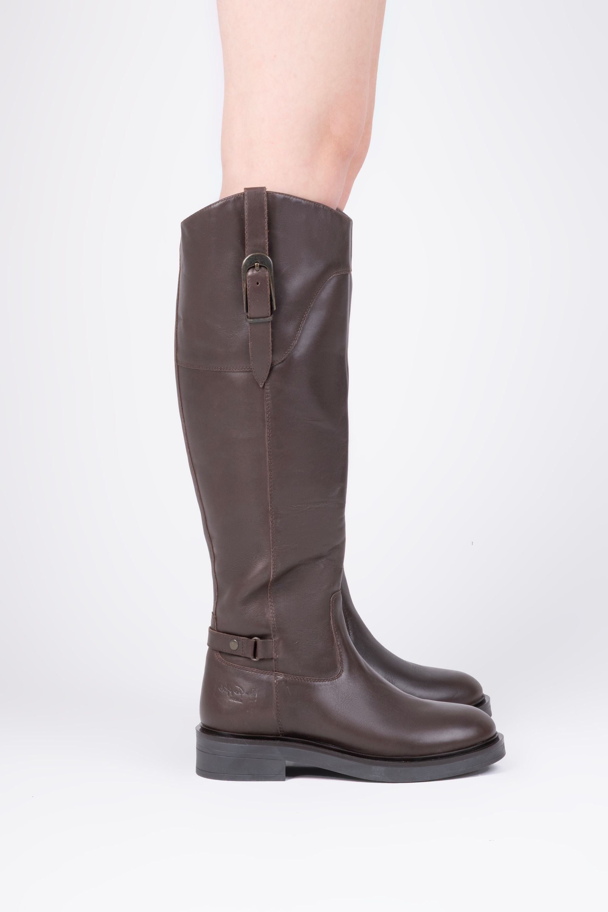 Off the Hook Off the Hook Women's Carnaby Leather Knee-High Riding Boots with Buckle Strap & Side Zip in Brown - 2