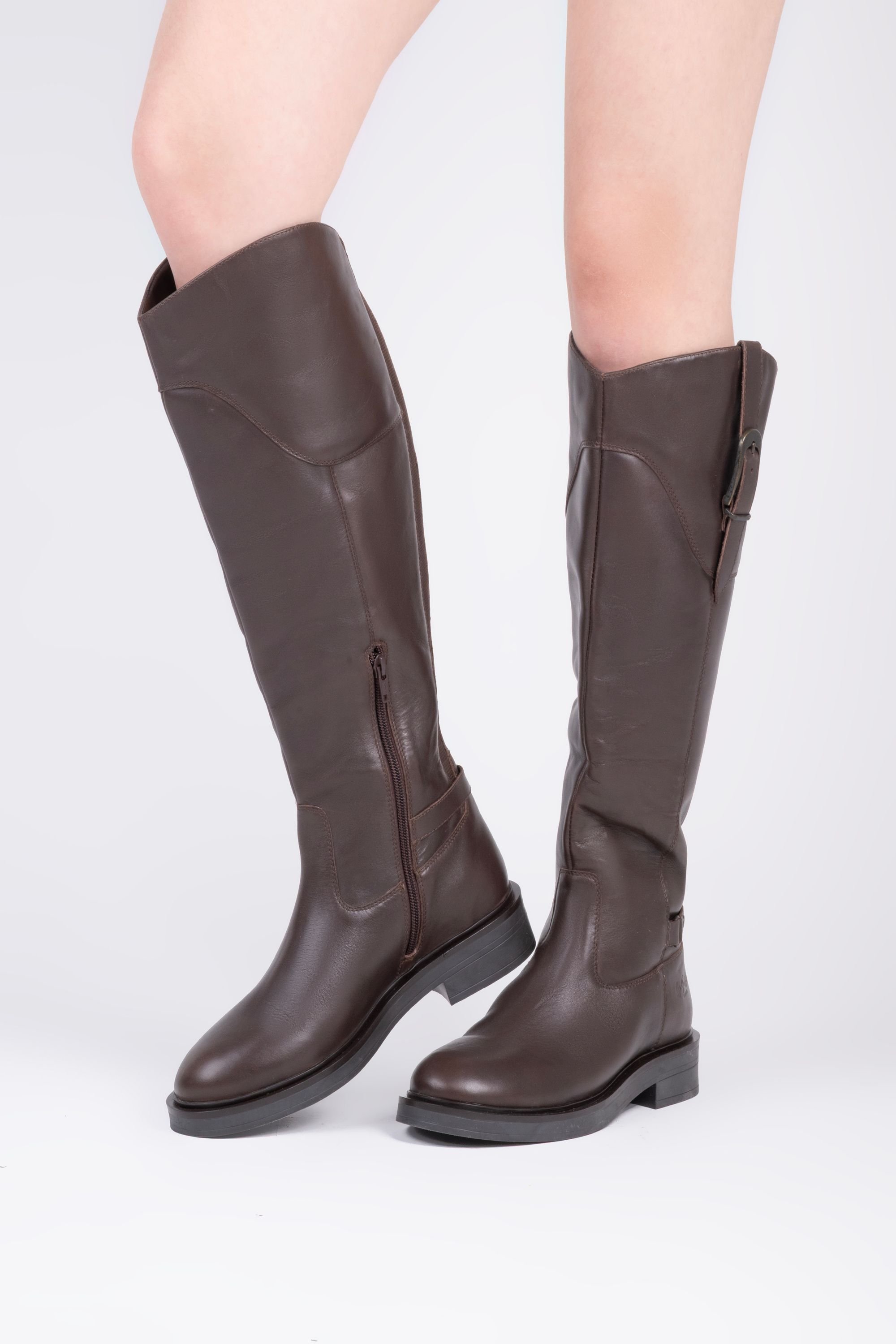 Off the Hook Off the Hook Women's Carnaby Leather Knee-High Riding Boots with Buckle Strap & Side Zip in Brown - 4