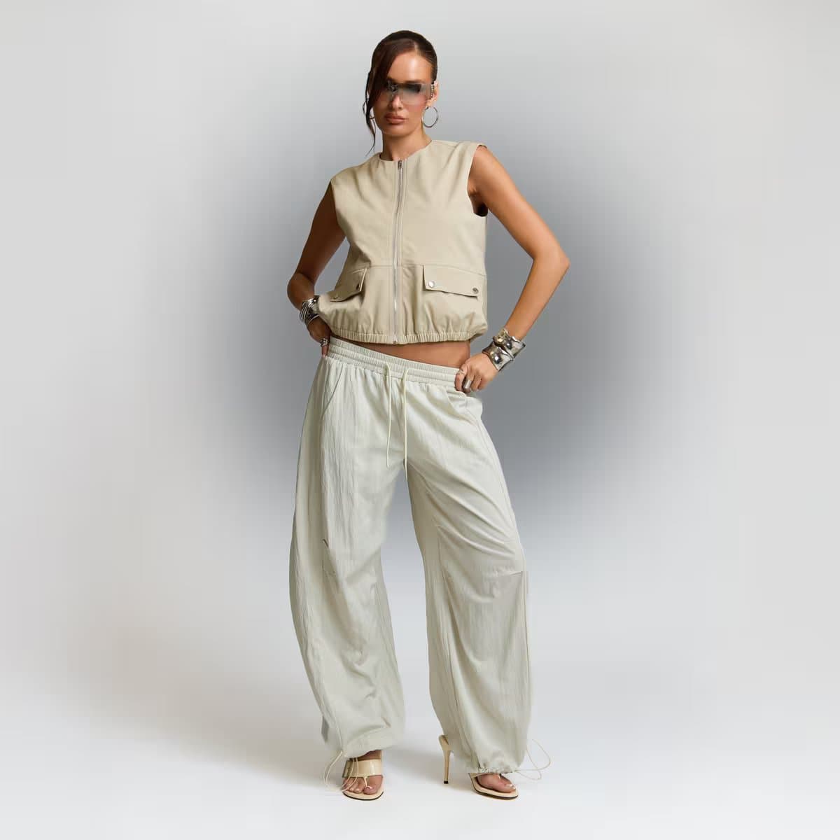 EGO Low Rise Drawstring Waist Wide Leg Cargo Trousers In Cream, Women's Size UK 6