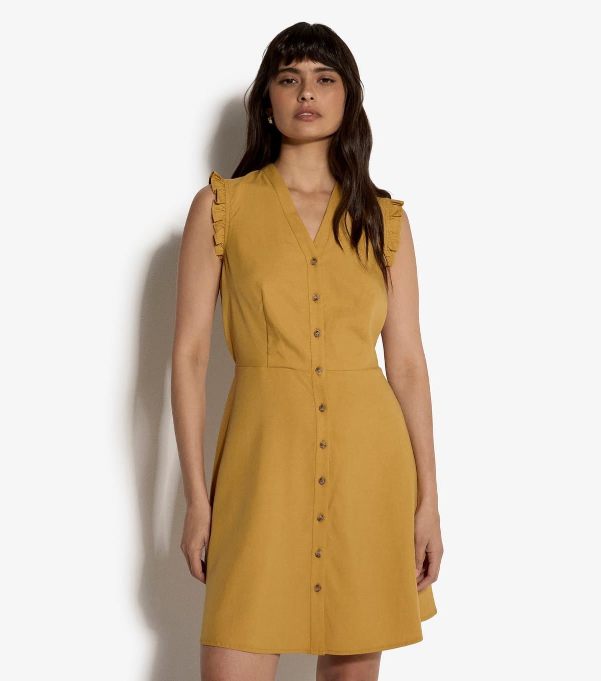 Apricot Women's Dark Yellow Ruffle Trim Button Mini Dress Apricot New Look