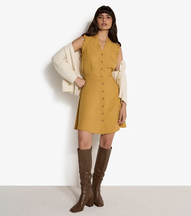 Apricot Women's Dark Yellow Ruffle Trim Button Mini Dress Apricot New Look - 3
