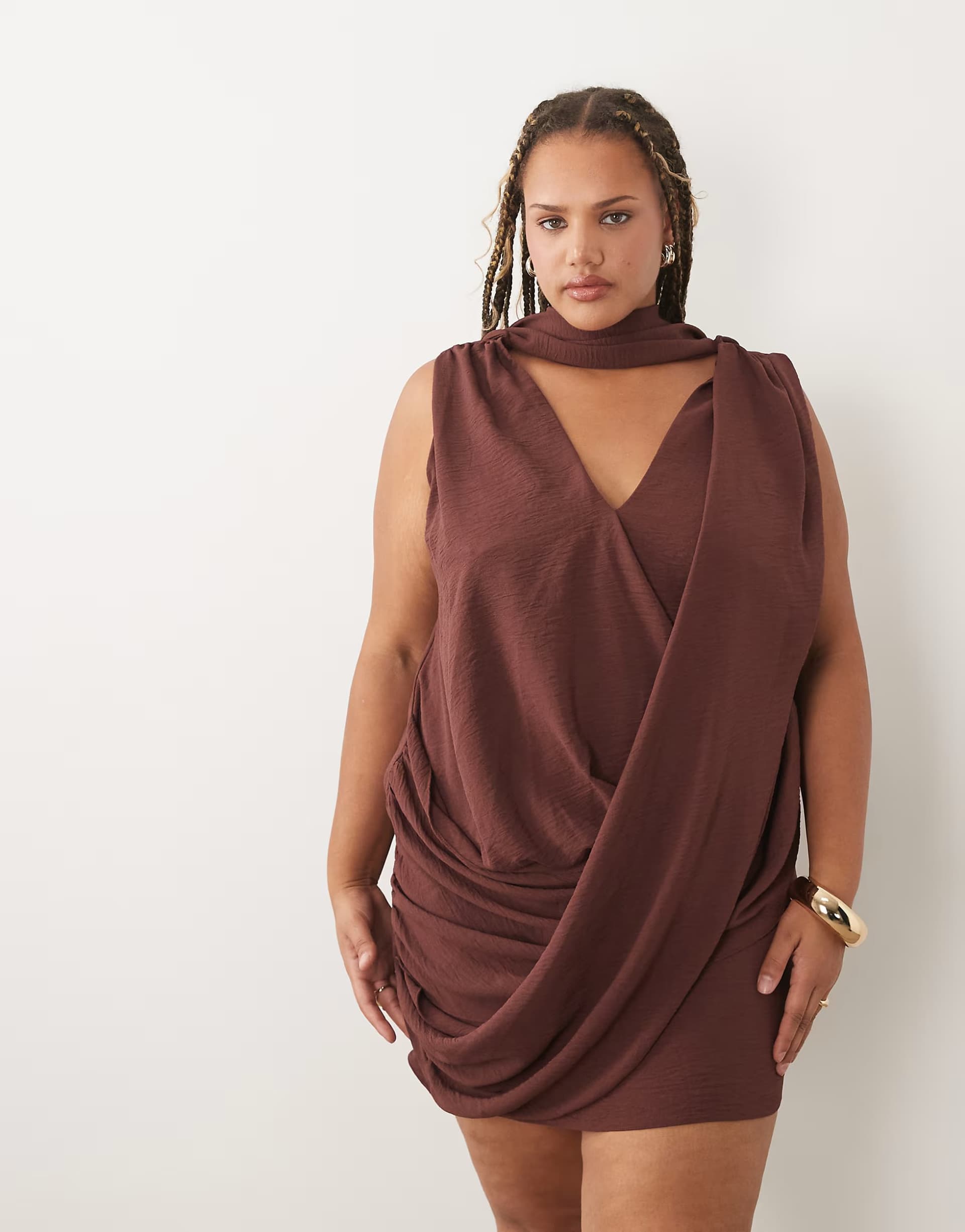 ASOS ASOS DESIGN Curve drape wrap front mini with scarf detail in chocolate