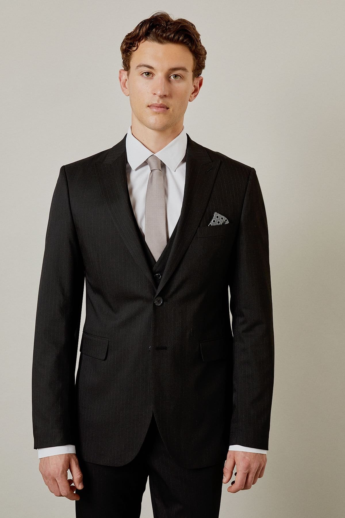 Burton Burton Men's Black Pinstripe Tailored Fit Suit Jacket - 1