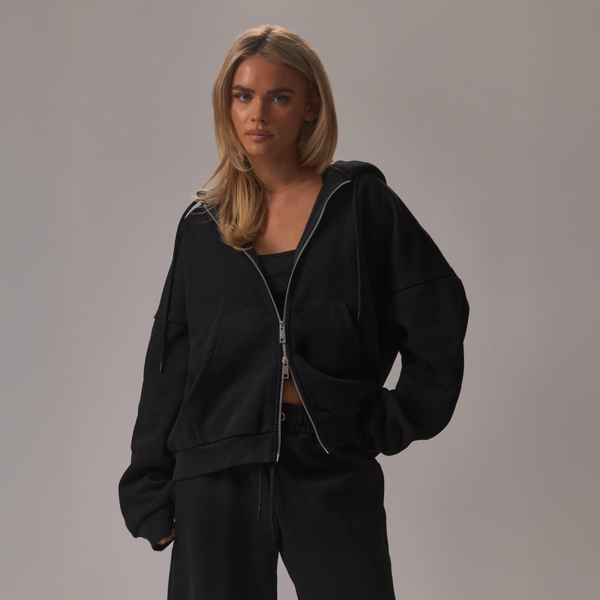 EGO Long Sleeve Double Zip Oversized Hoodie In Black, Women's Size UK 6