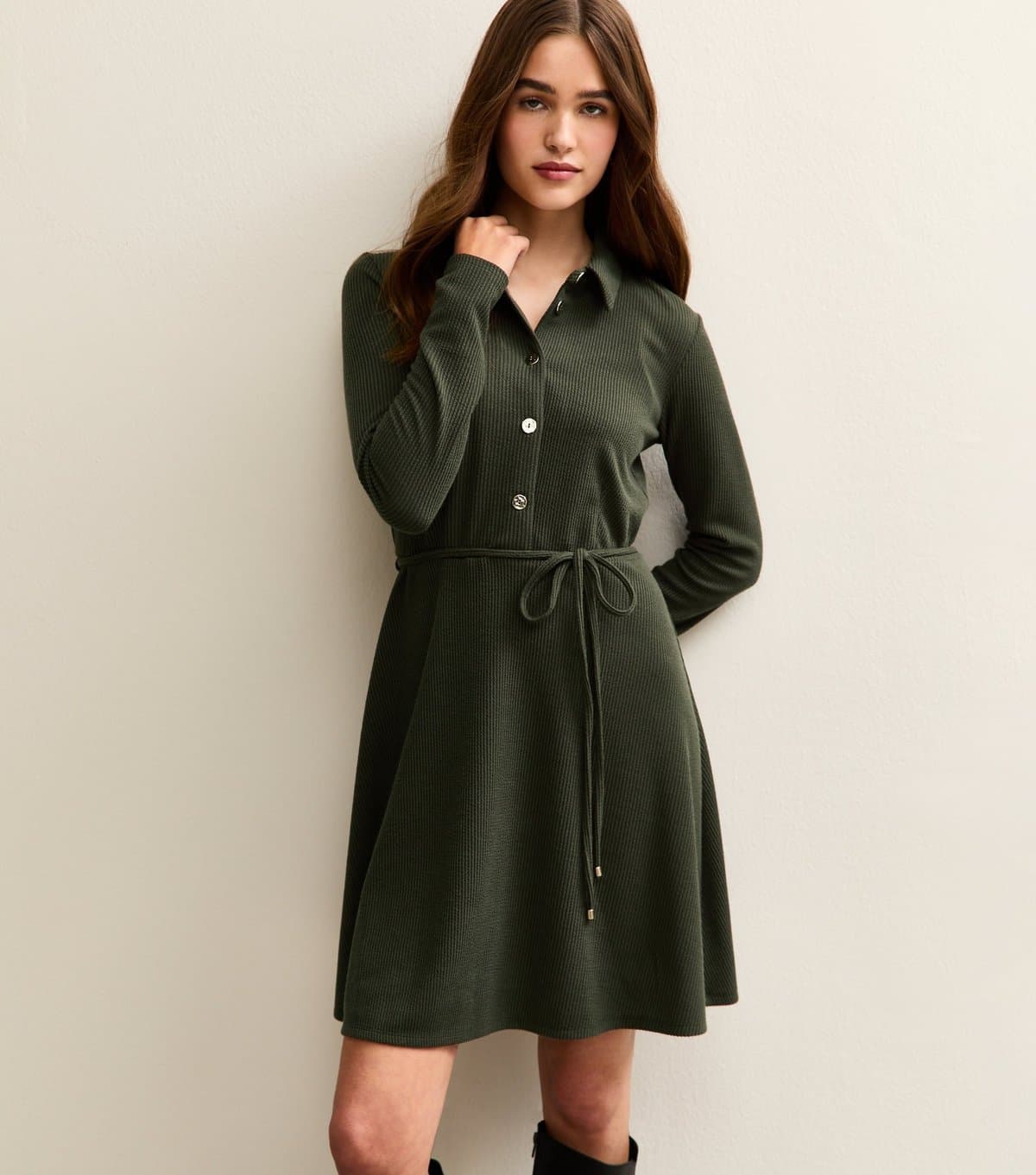 New Look Women's Khaki Button Through Collared Mini Dress New Look