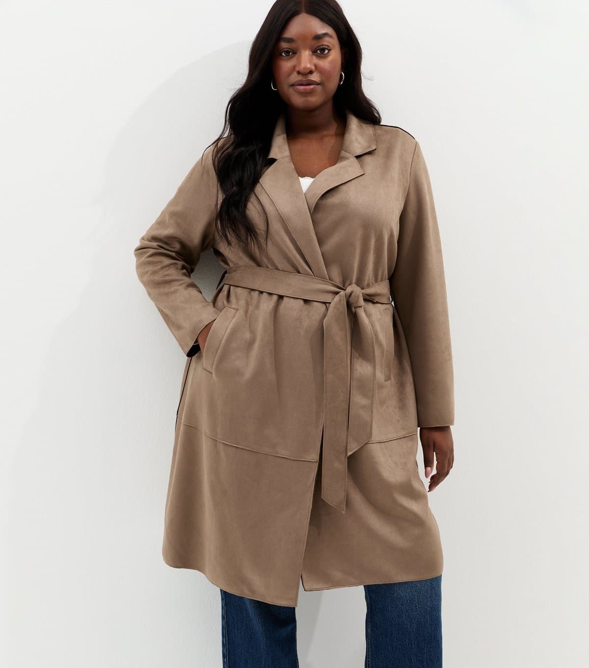 New Look Women's Plus Size Mink Faux Suede Wrap Coat Curves New Look