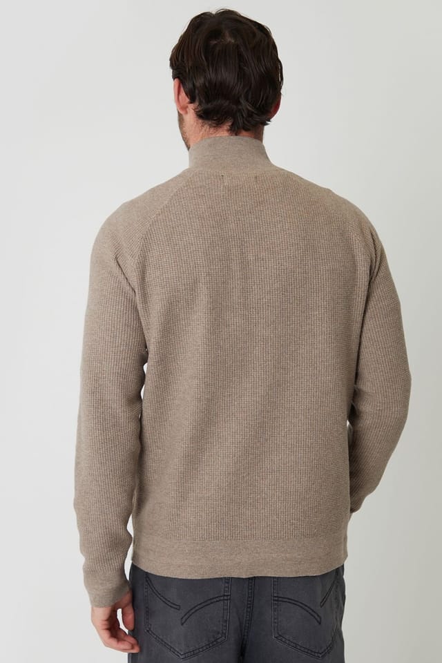 Threadbare Threadbare Men's Waffle Knit Raglan Quarter Zip Jumper in Taupe - 2