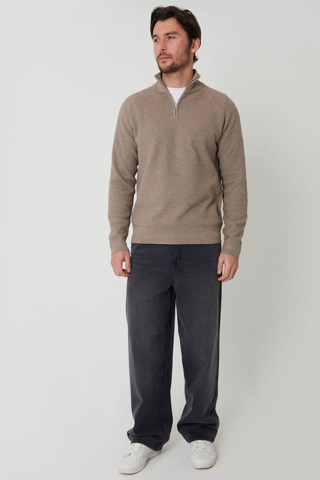 Threadbare Threadbare Men's Waffle Knit Raglan Quarter Zip Jumper in Taupe - 3