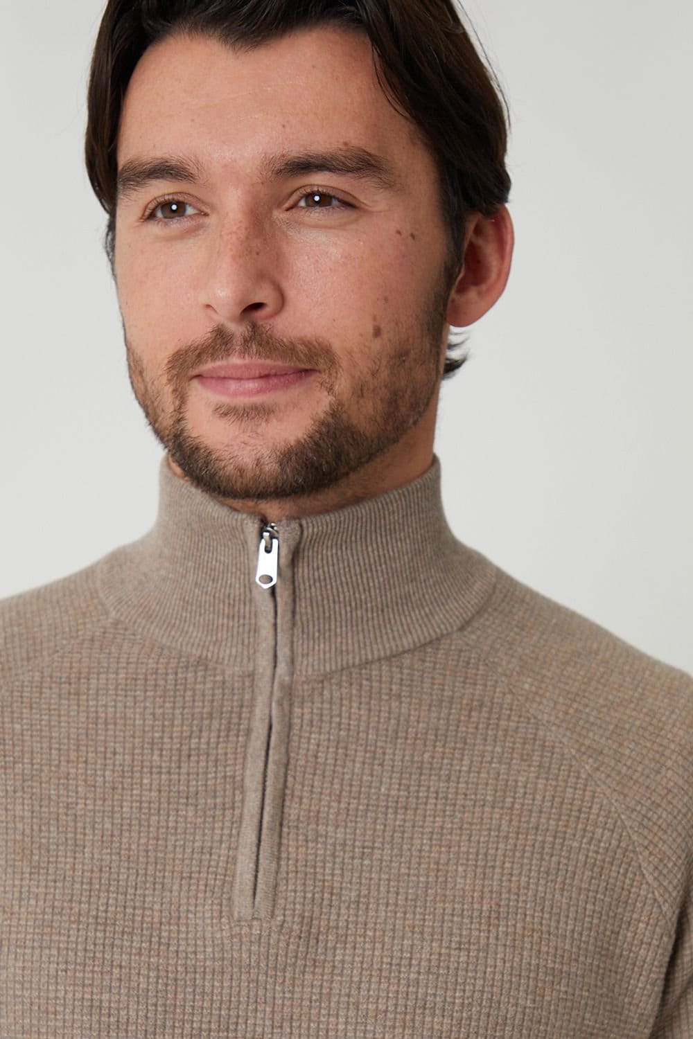Threadbare Threadbare Men's Waffle Knit Raglan Quarter Zip Jumper in Taupe - 4