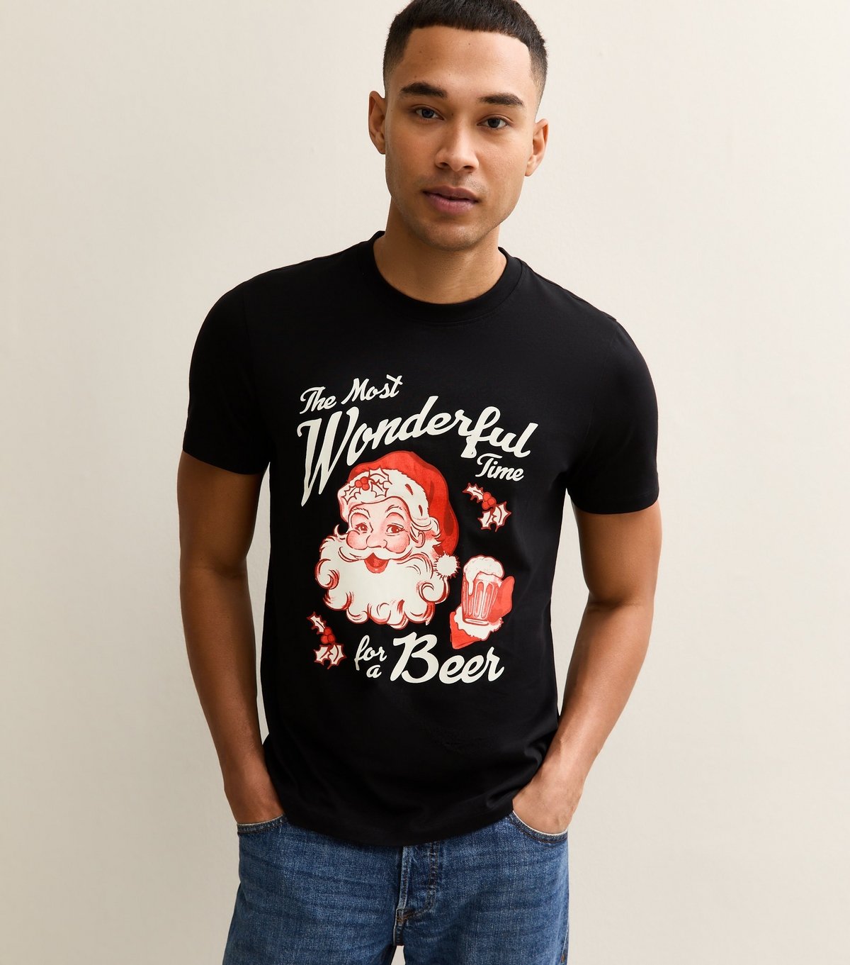 New Look Men's Black Regular Santa Beer Print T-Shirt New Look - 3