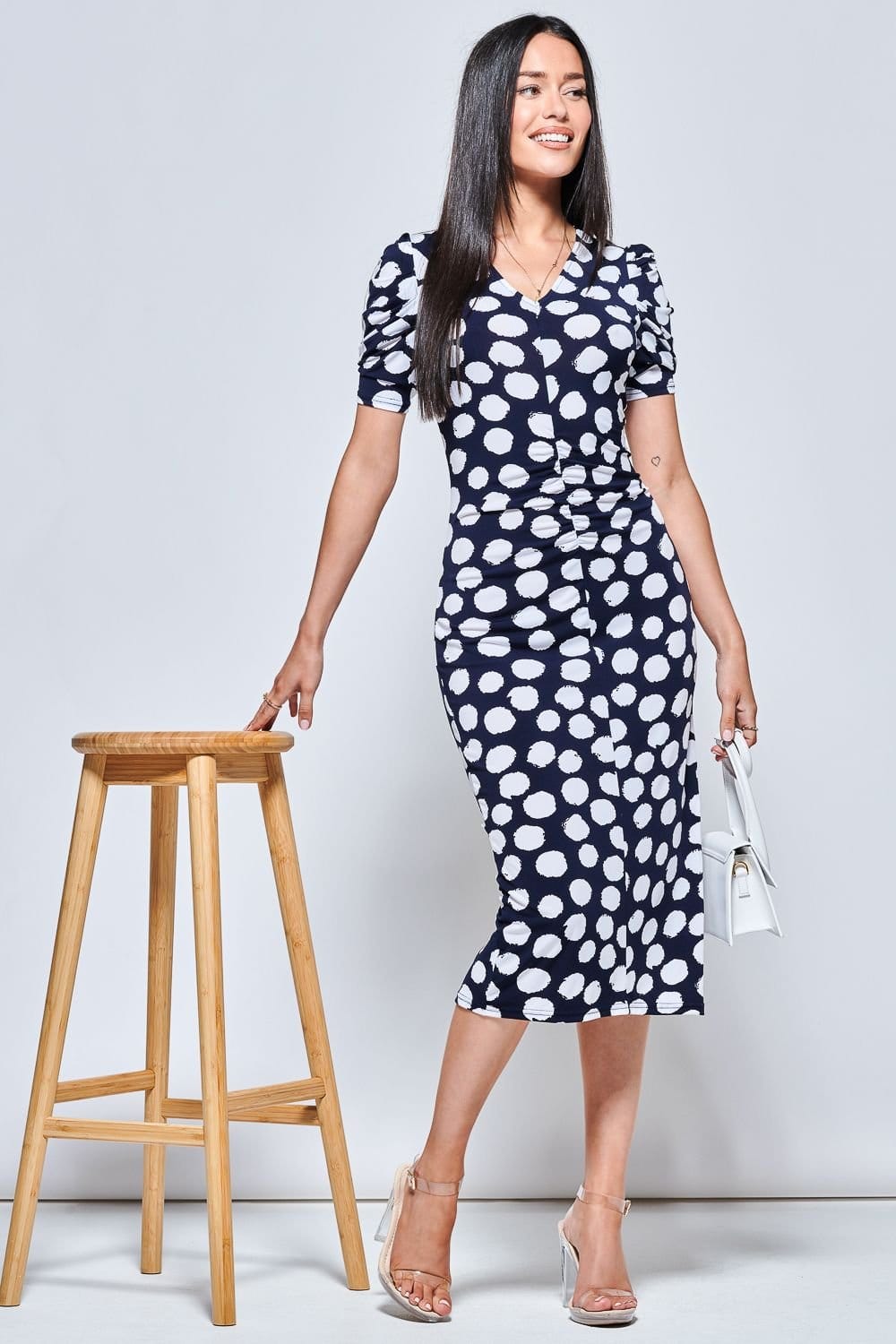 Jolie Moi Jolie Moi Women's V Neck Bodycon Midi Dress in Navy - 4