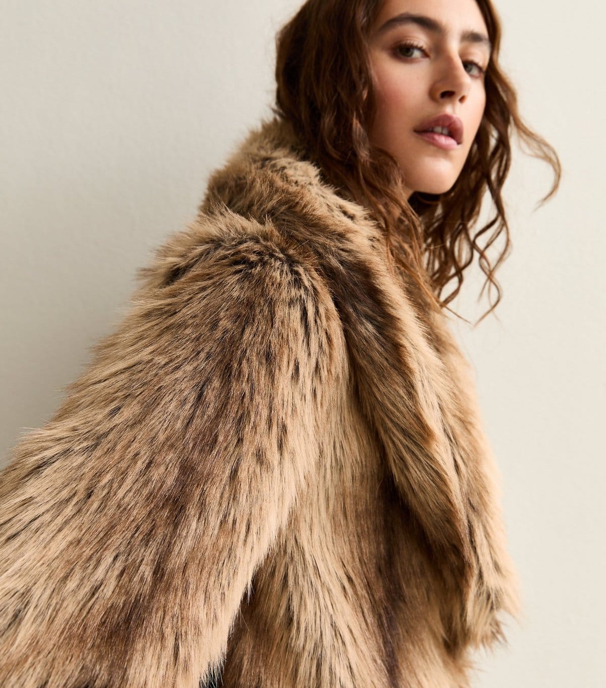 New Look Women's Brown Faux Fur Shawl Collar Mid Coat New Look - 1