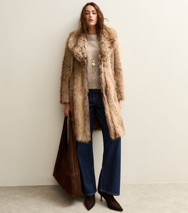 New Look Women's Brown Faux Fur Shawl Collar Mid Coat New Look - 2