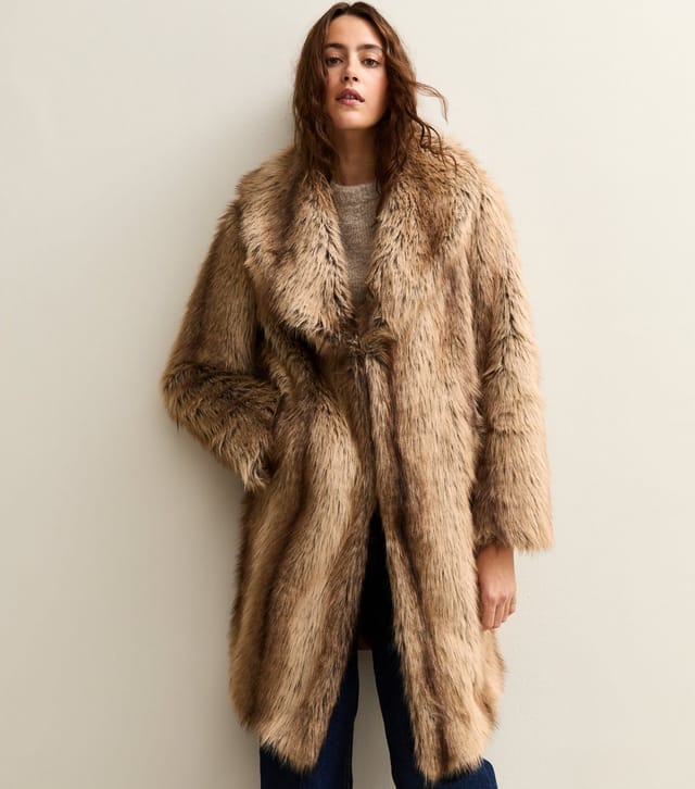 New Look Women's Brown Faux Fur Shawl Collar Mid Coat New Look - 3