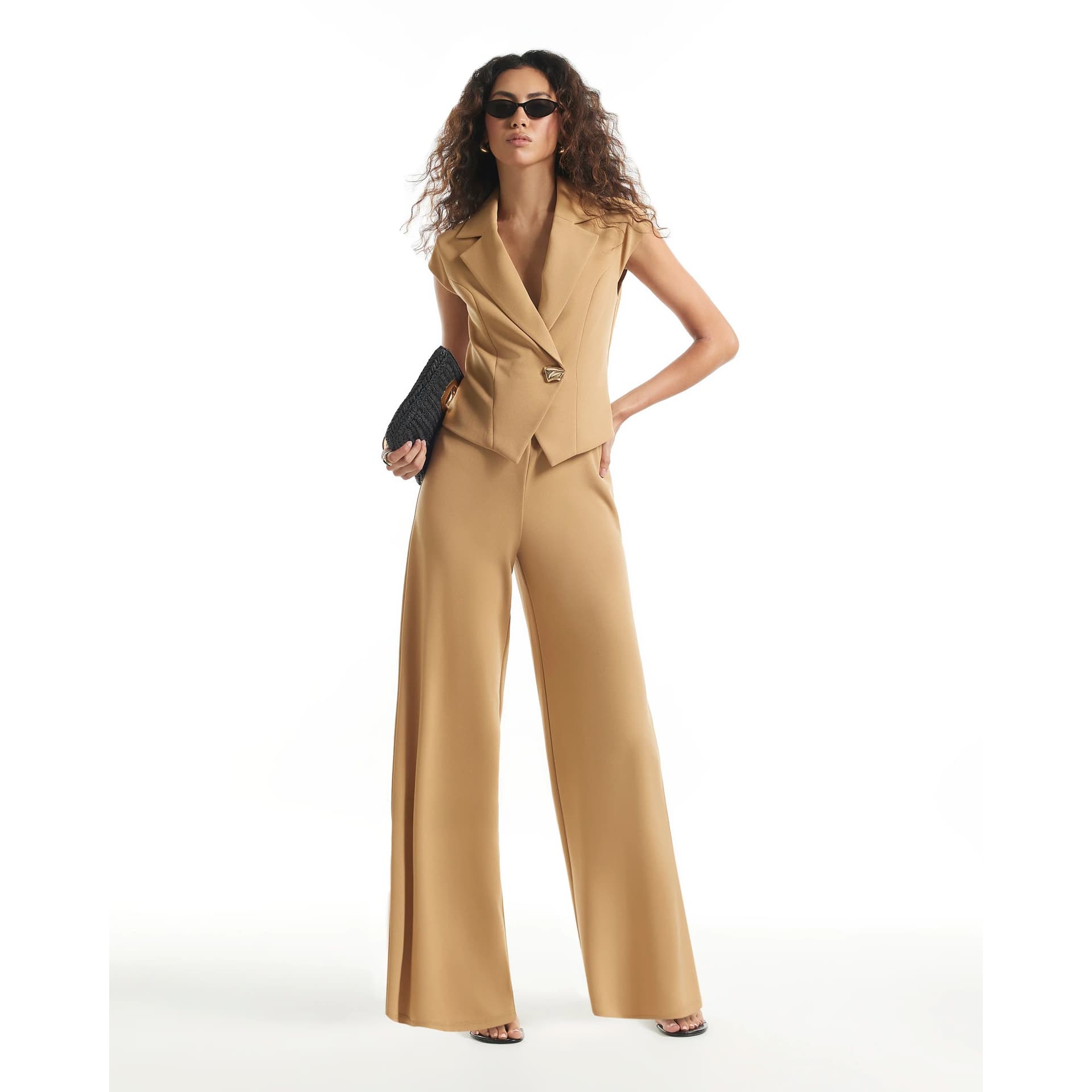 River Island River Island Womens Beige Cap Sleeve Waistcoat Jumpsuit