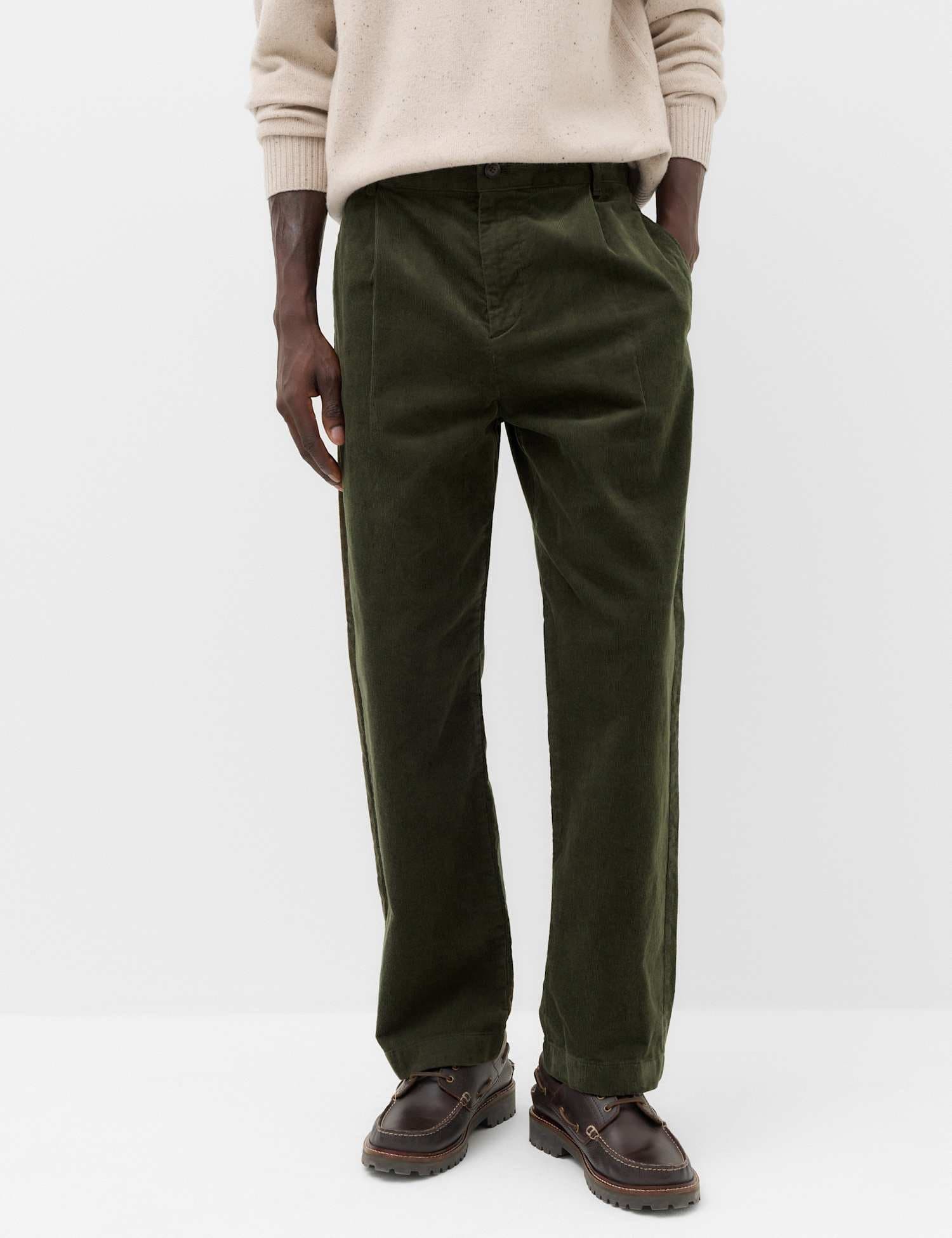 Marks & Spencer M&S Relaxed Fit Corduroy Pleat Front Trousers Dark Khaki
