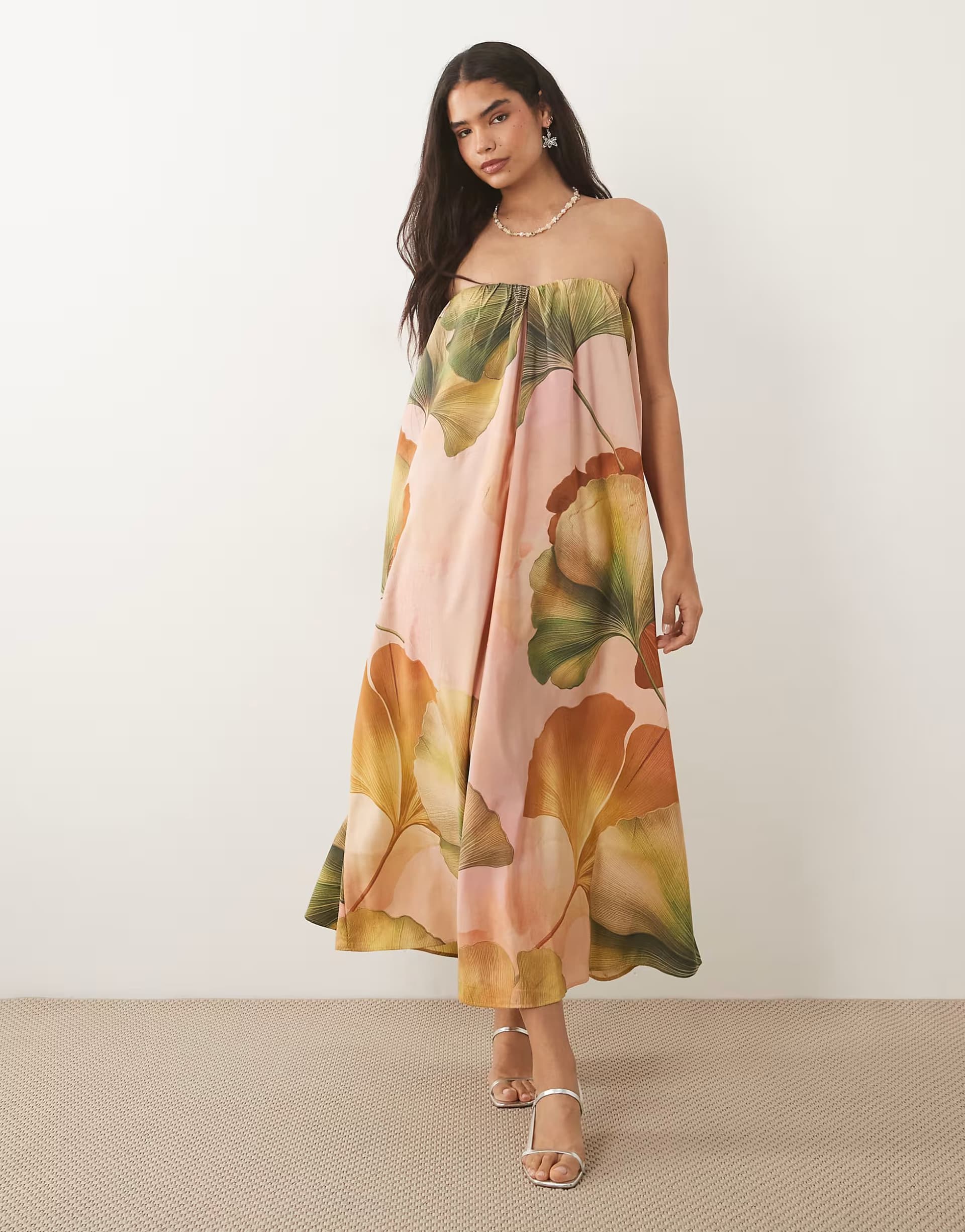 ASOS ASOS DESIGN bandeau ruched maxi dress in pink palm print