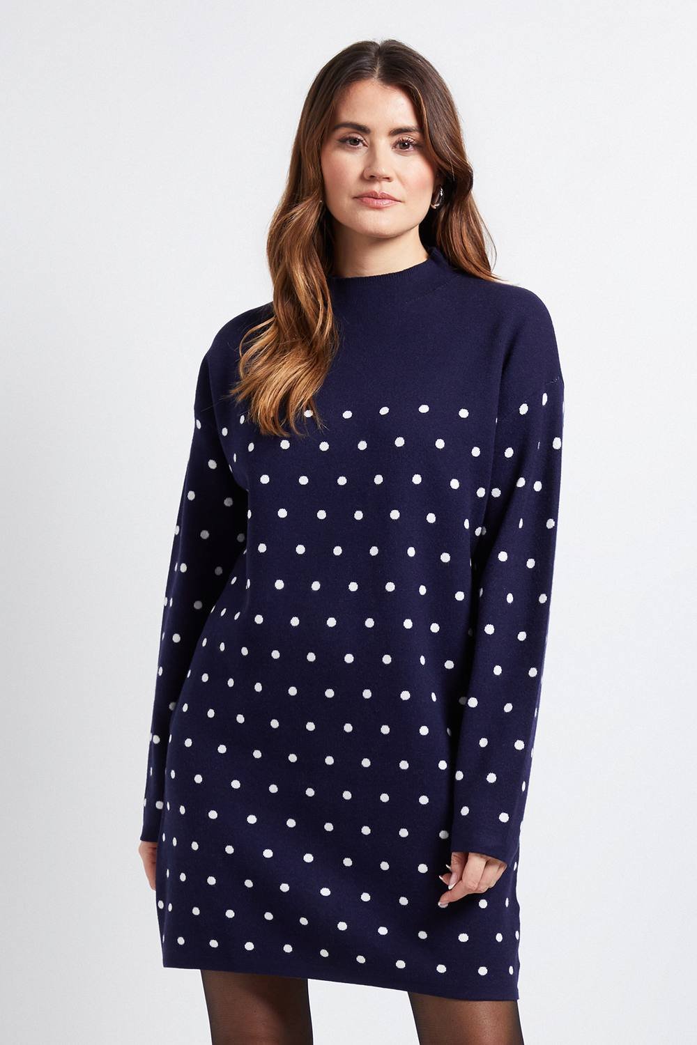 Wallis Wallis Women's Polka Dot Knitted Funnel Neck Dress in Navy - 2