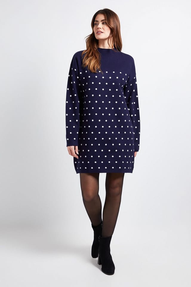Wallis Wallis Women's Polka Dot Knitted Funnel Neck Dress in Navy - 2