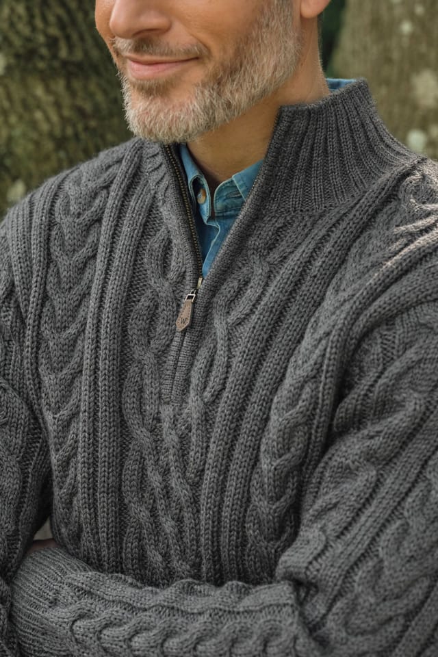WoolOvers WoolOvers Men's Pure Wool Aran Cable Zip Neck in Charcoal - 2
