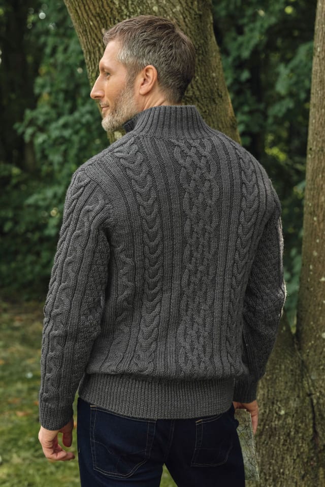 WoolOvers WoolOvers Men's Pure Wool Aran Cable Zip Neck in Charcoal - 3