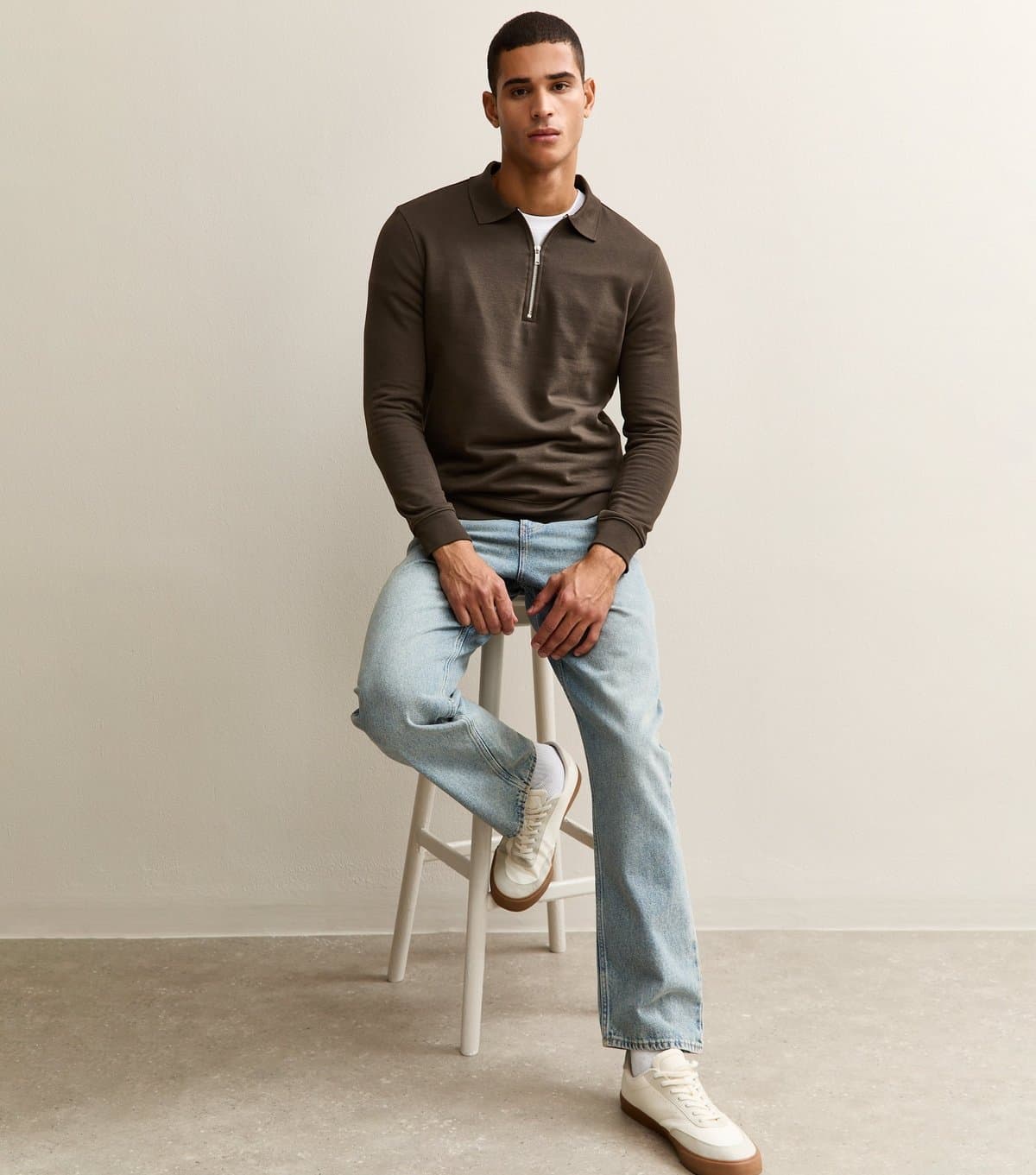 New Look Men's Brown Quarter Zip Polo Sweatshirt New Look