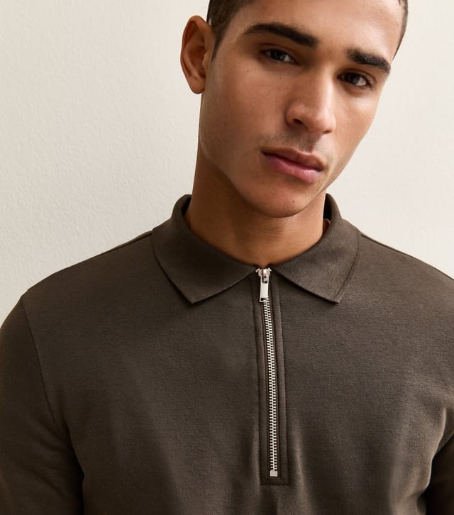 New Look Men's Brown Quarter Zip Polo Sweatshirt New Look - 2