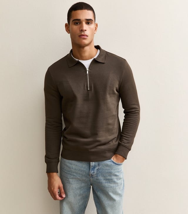 New Look Men's Brown Quarter Zip Polo Sweatshirt New Look - 3