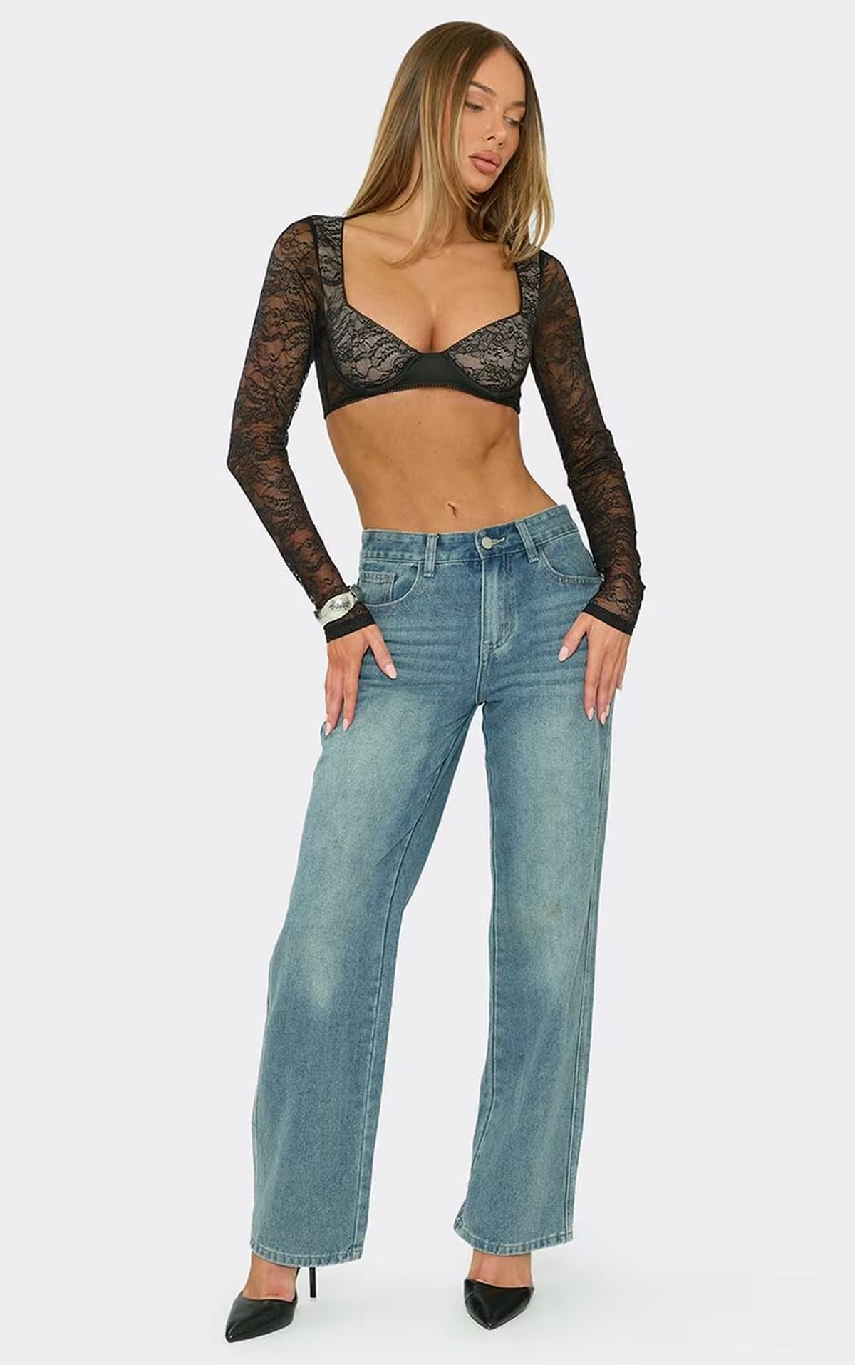 EGO Long Sleeve Underwired Bralet In Black Lace, Women's Size UK 6
