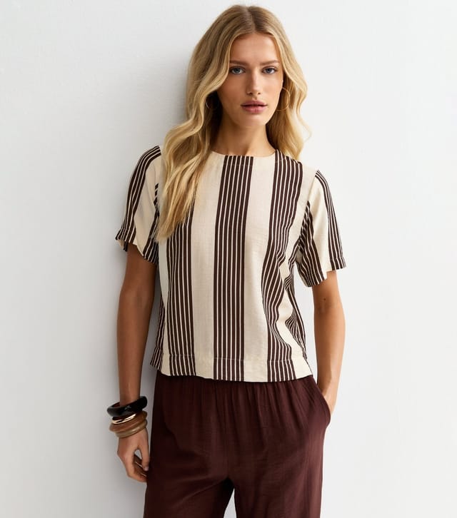 New Look Women's White and Brown Stripe Crew T-Shirt New Look - 3