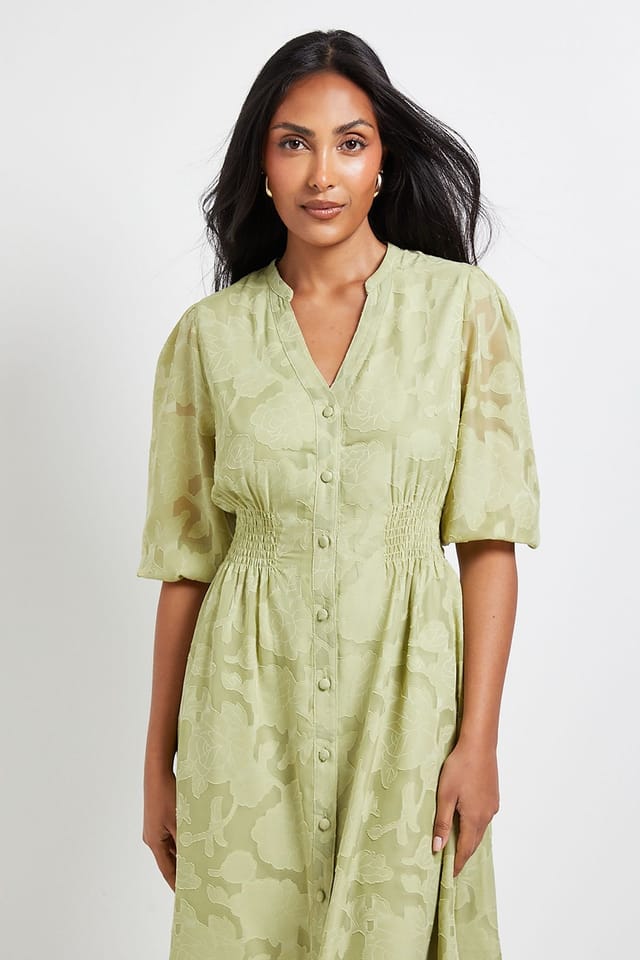 Wallis Wallis Women's Petite Floral Jacquard Button Midi Dress in Sage - 2