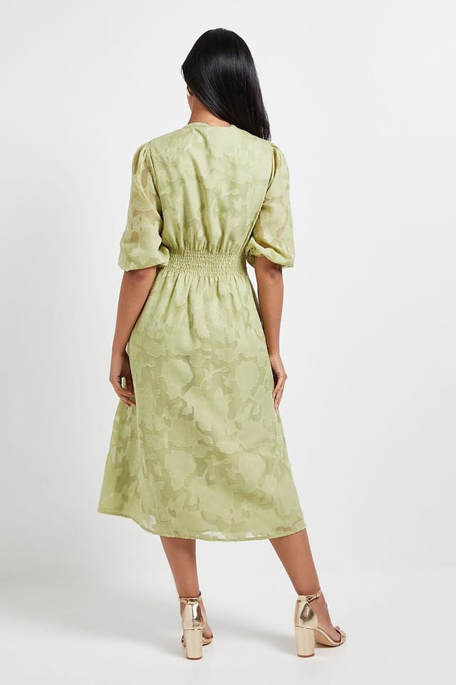 Wallis Wallis Women's Petite Floral Jacquard Button Midi Dress in Sage - 3