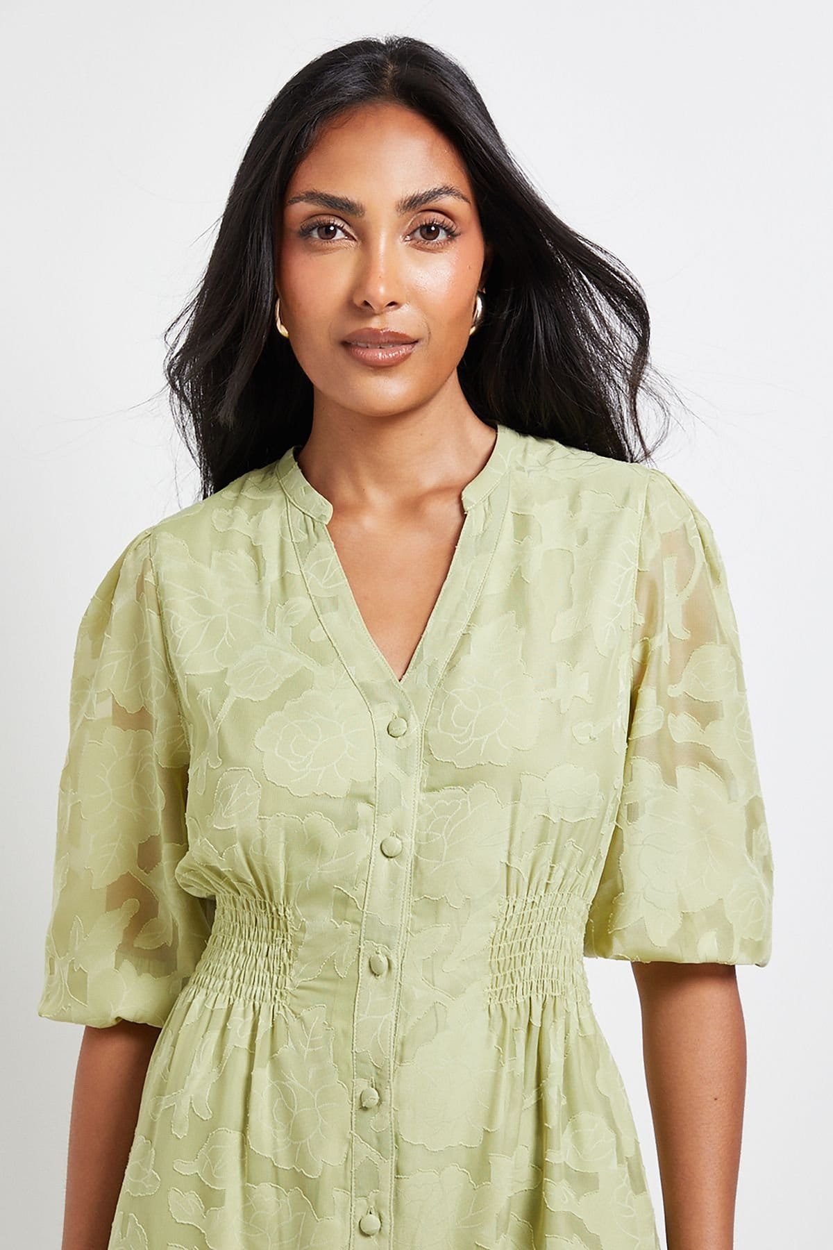 Wallis Wallis Women's Petite Floral Jacquard Button Midi Dress in Sage - 4