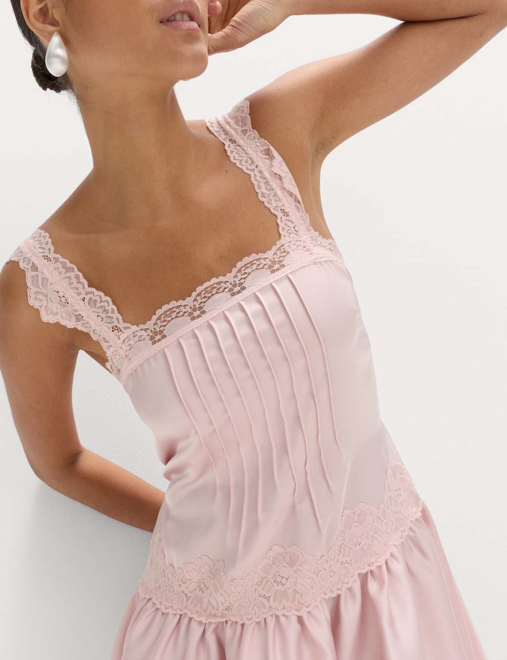 Marks & Spencer M&S Soft Pink Satin Lace Mini Skater Dress