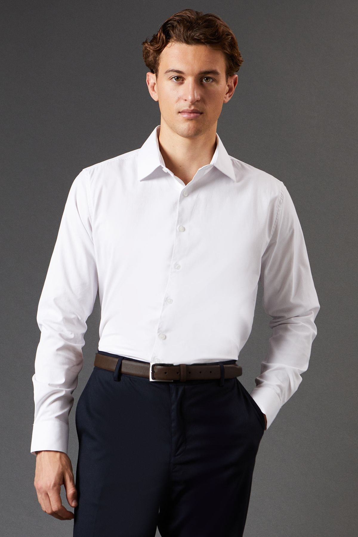 Burton Burton Men's White Tailored Fit Long Sleeve Easy Iron Shirt - 2