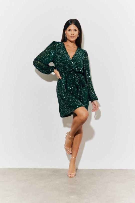 In The Style In The Style Women's Green Sequin Balloon Sleeve Skater Mini Dress
