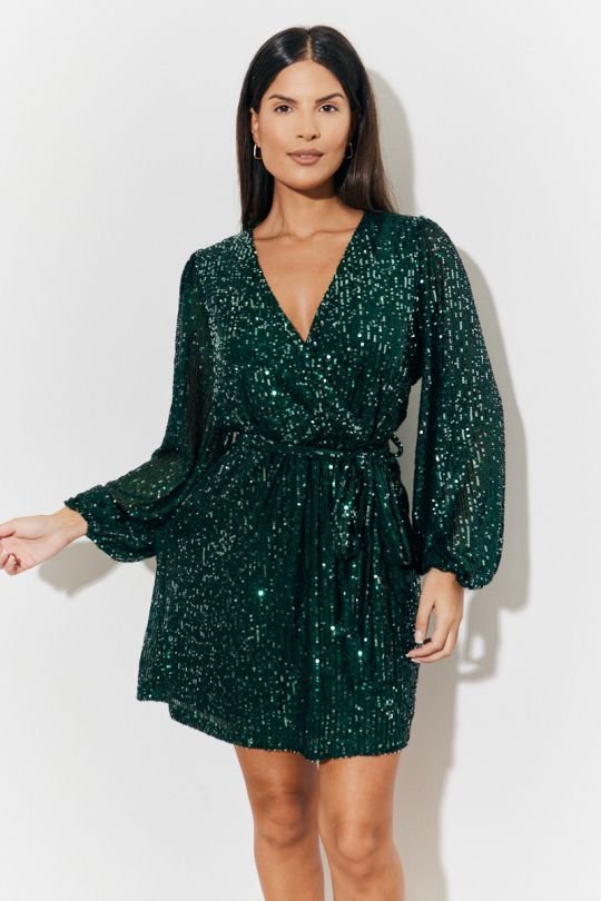 In The Style In The Style Women's Green Sequin Balloon Sleeve Skater Mini Dress - 2