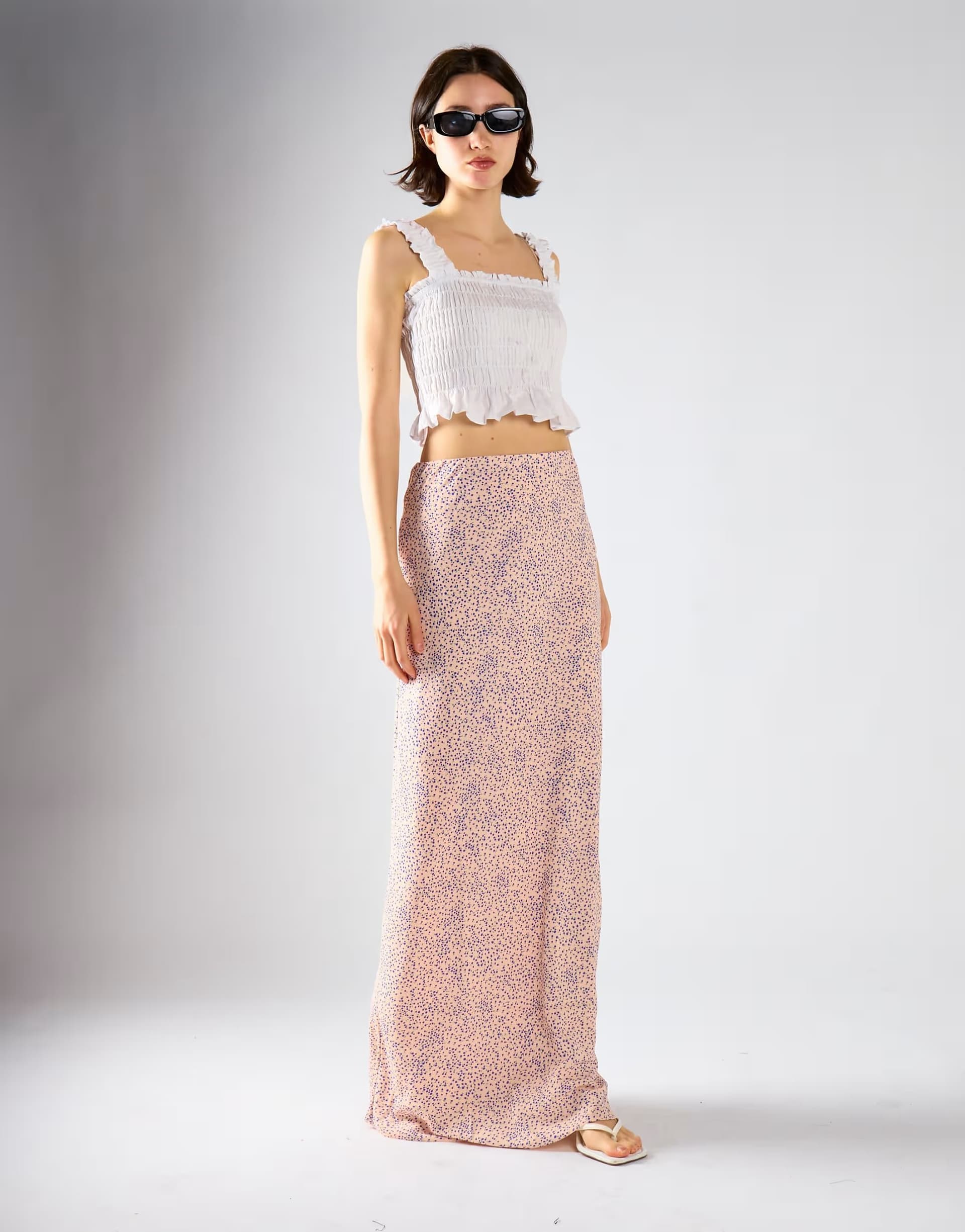 ASOS Glamorous Bias cut maxi skirt in cream blue ditsy