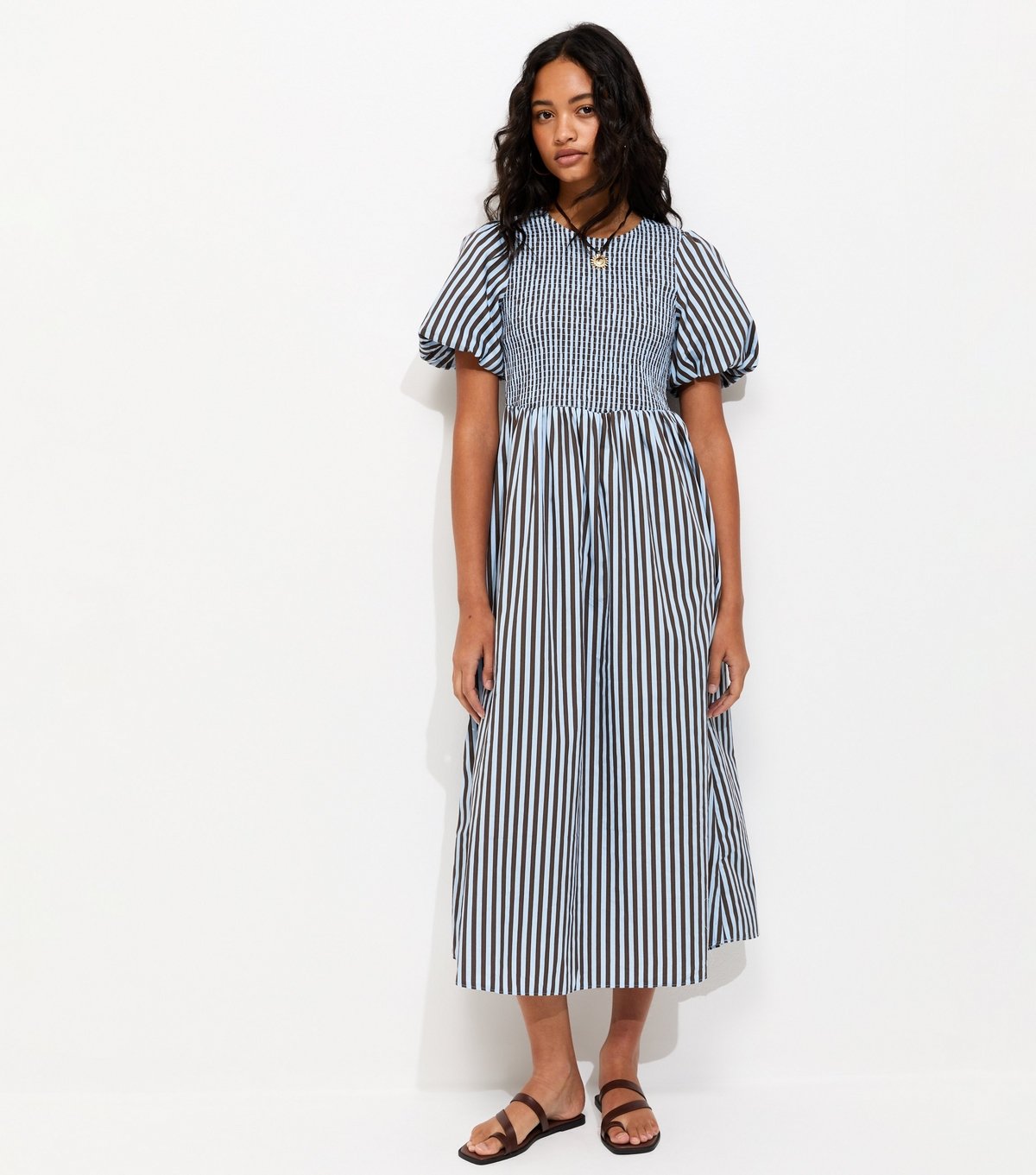 New Look Women's Blue Cotton Striped Shirred Midi Dress New Look - 3