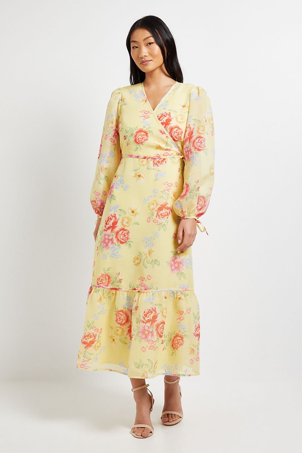 Dorothy Perkins Dorothy Perkins Women's Petite Floral Printed Wrap Detail Blouson Sleeve Maxi Dress