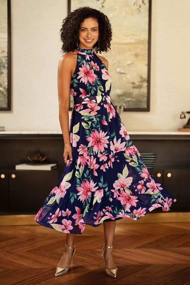 Yumi Yumi Women's Navy Floral Halter Neck Midi Dress With Matching Belt - 2