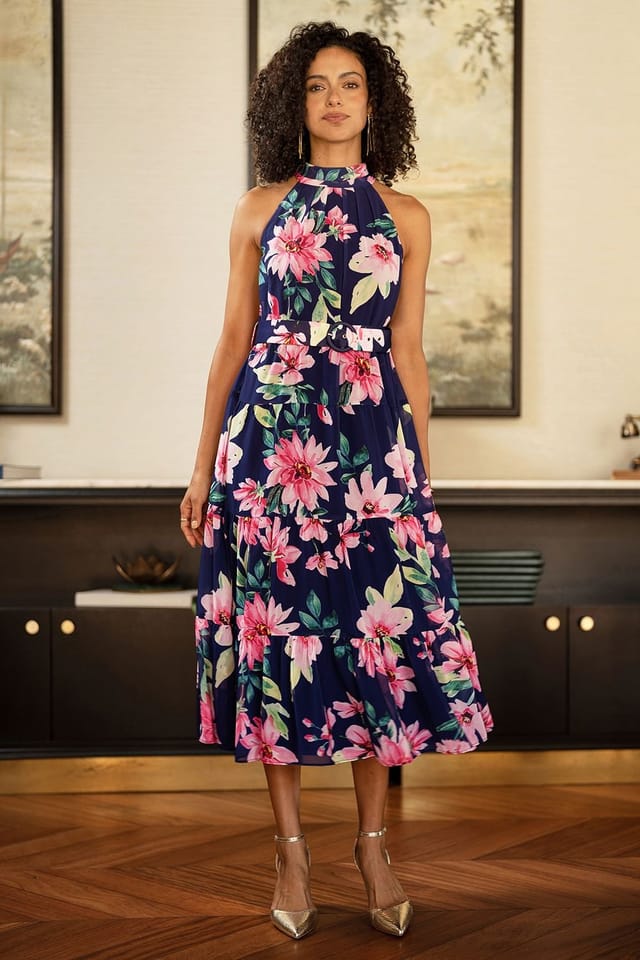 Yumi Yumi Women's Navy Floral Halter Neck Midi Dress With Matching Belt - 3