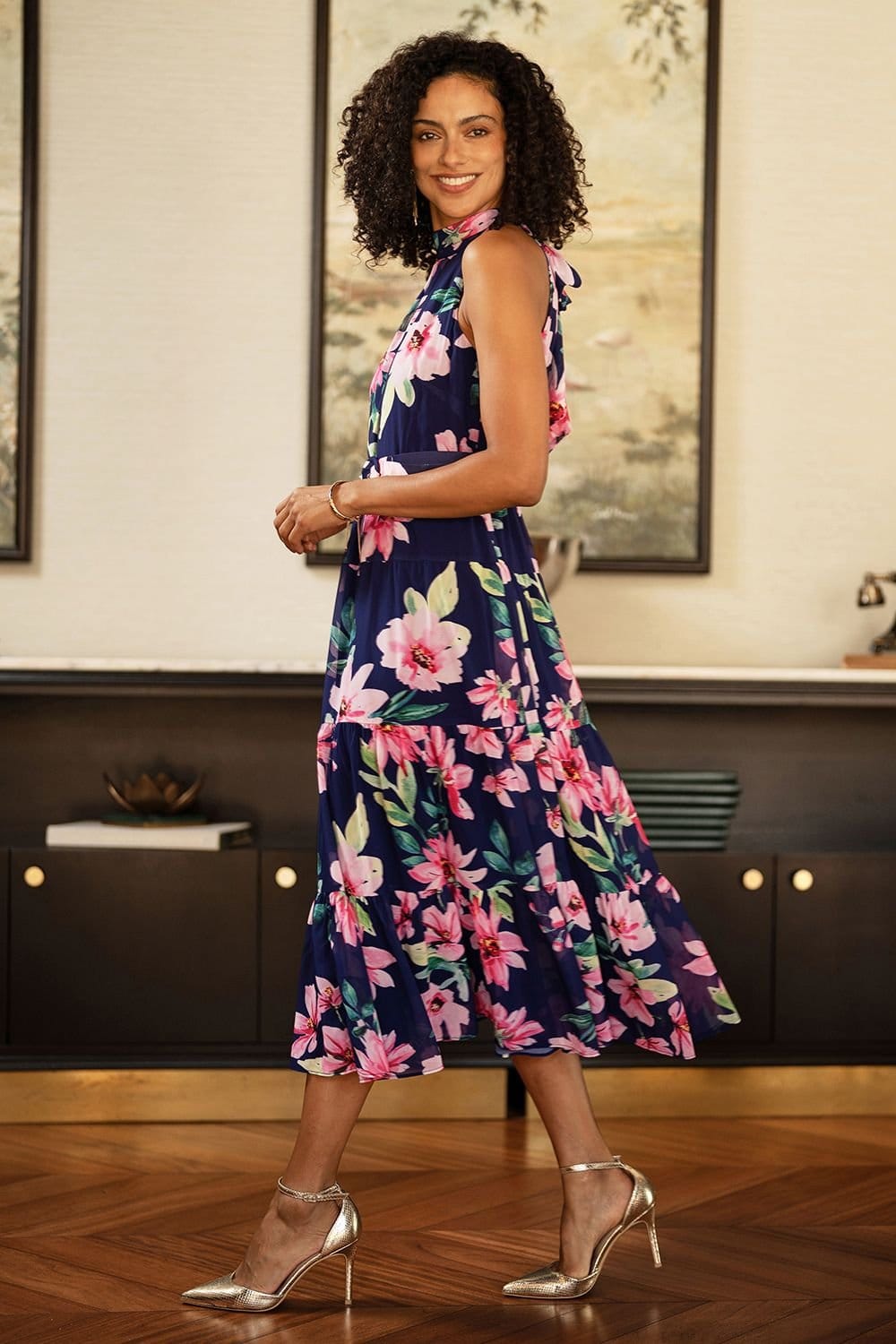 Yumi Yumi Women's Navy Floral Halter Neck Midi Dress With Matching Belt - 4