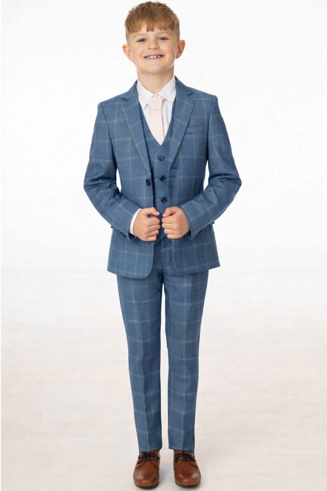 Vivaki Vivaki Men's 5 Piece Blue Check Suit - 2