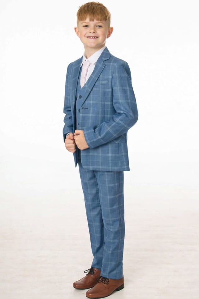 Vivaki Vivaki Men's 5 Piece Blue Check Suit - 3
